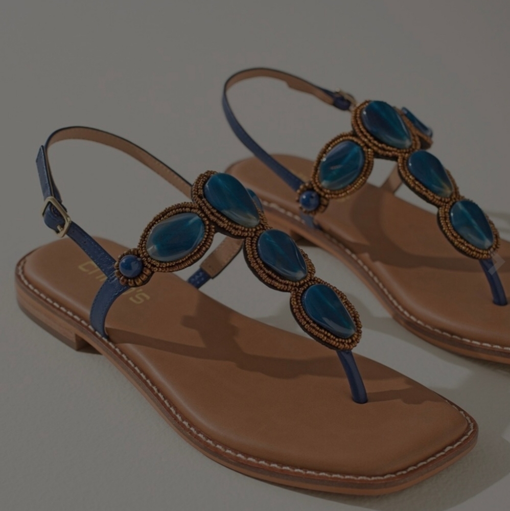 Gorgeous New Blue Beaded T-Strap Lambskin Leather Sandals! Size 6.5! Reg $149!💕